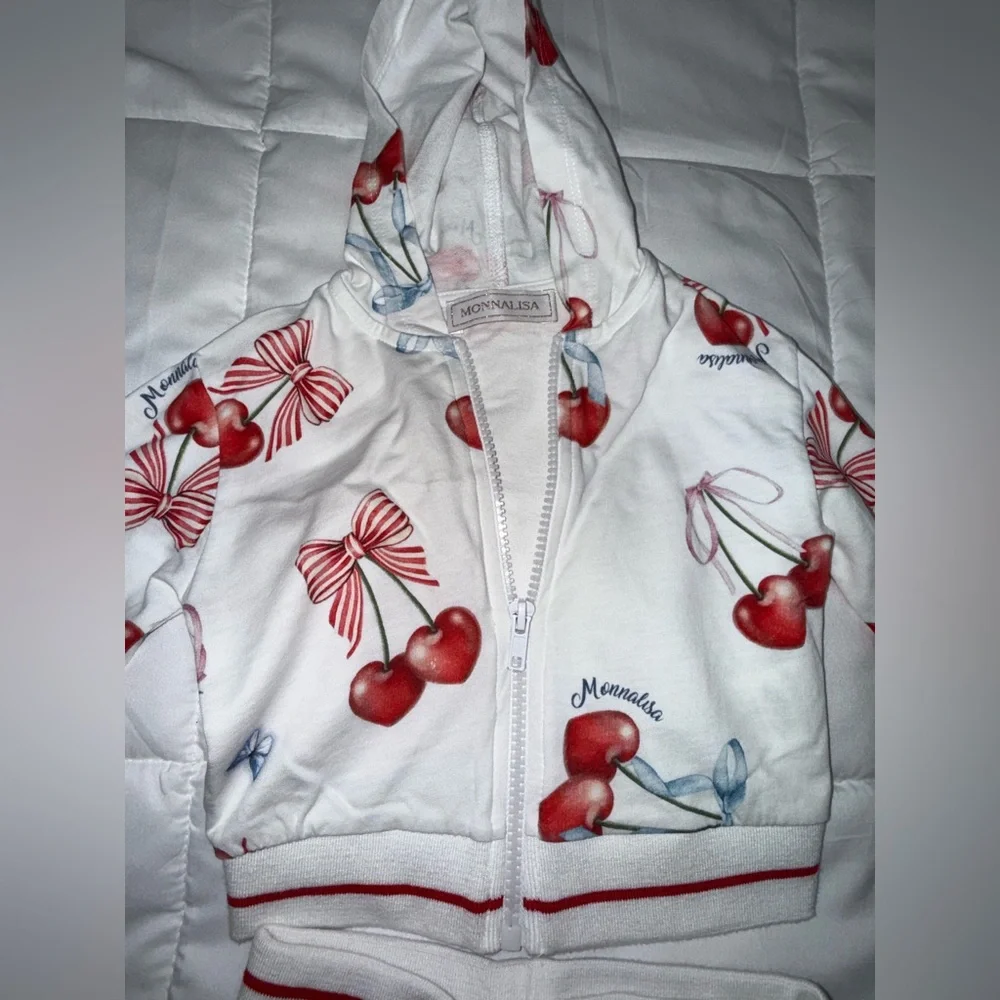 MonnaLisa White Cherry & Bow Hooded Zip Pajama Set - Picture 2 of 4